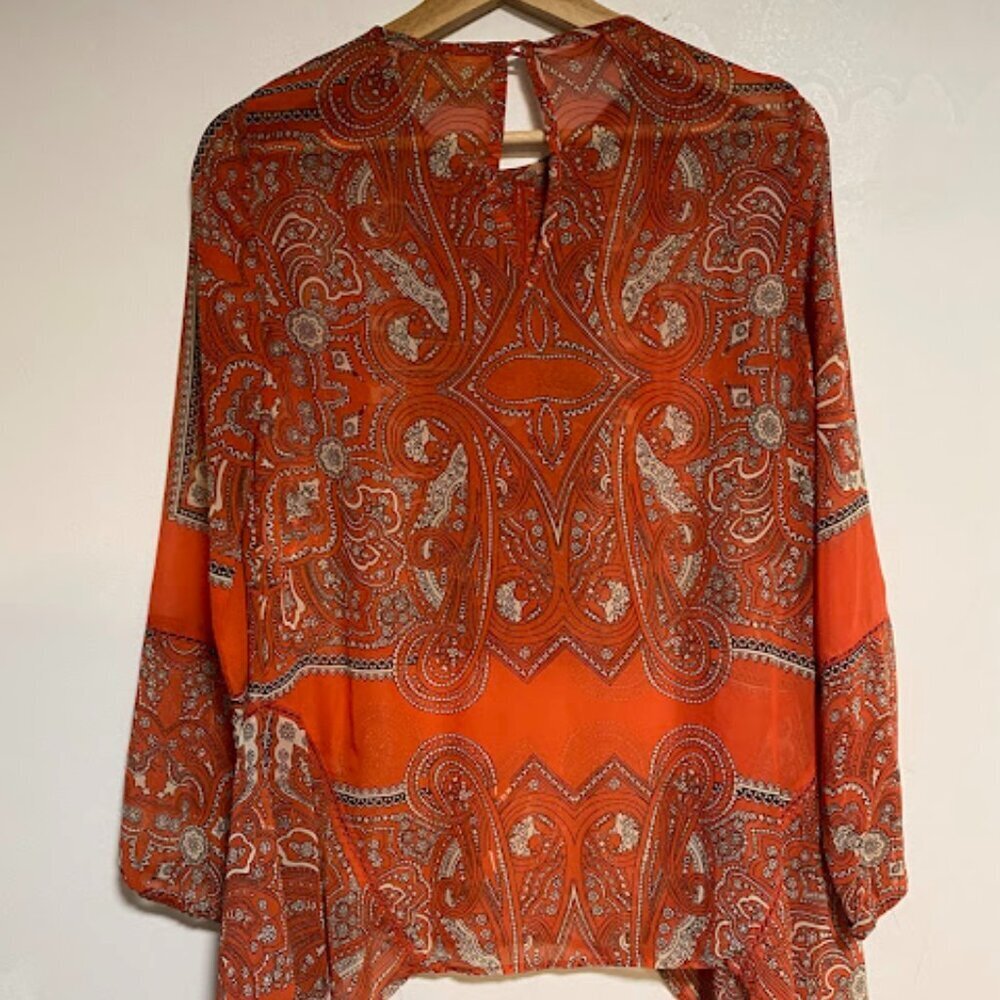 Love Sam Orange Paisley Boho Silk Chiffon Blouse Size XS - Picture 7 of 11